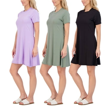 Real Essentials 3-Pack: Womens Soft Lounge Swing Casual T-Shirt Dress (Available in Plus Size)
