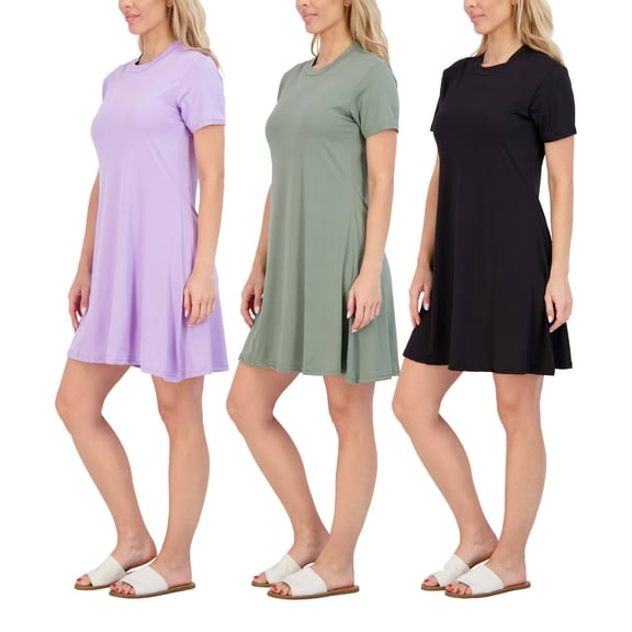 Real Essentials 3-Pack: Womens Soft Lounge Swing Casual T-Shirt Dress (Available in Plus Size)
