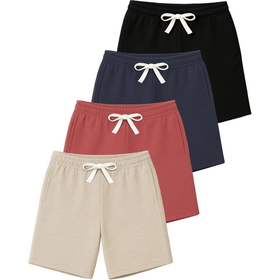 Real Essentials 4 Pack: Boys' Cotton French Terry Shorts with Pockets for Kids Teens Youth - Sleep Casual Lounge (4-18)