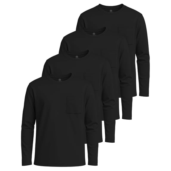 Real Essentials 4 Pack: Boys' Cotton Jersey Long Sleeve T-Shirt with Pocket - Kids Teens Youth Crew Neck Tee Top (Ages 4-16)