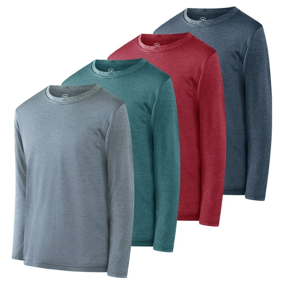 Real Essentials 4 Pack: Boys Youth Dry-Fit Moisture Wicking Active Athletic Performance Long-Sleeve T-Shirt