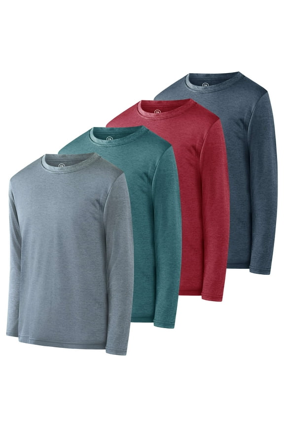 4 Pack: Boys Youth Dry-Fit Moisture Wicking Active Athletic Performance Long-Sleeve T-Shirt