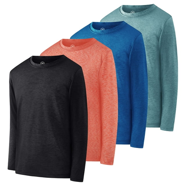 Real Essentials 4 Pack: Boys Youth Dry-Fit Moisture Wicking Active Athletic Performance Long-Sleeve T-Shirt