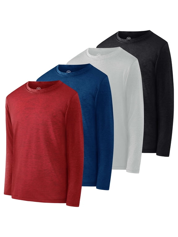 4 Pack: Boys Youth Dry-Fit Moisture Wicking Active Athletic Performance Long-Sleeve T-Shirt