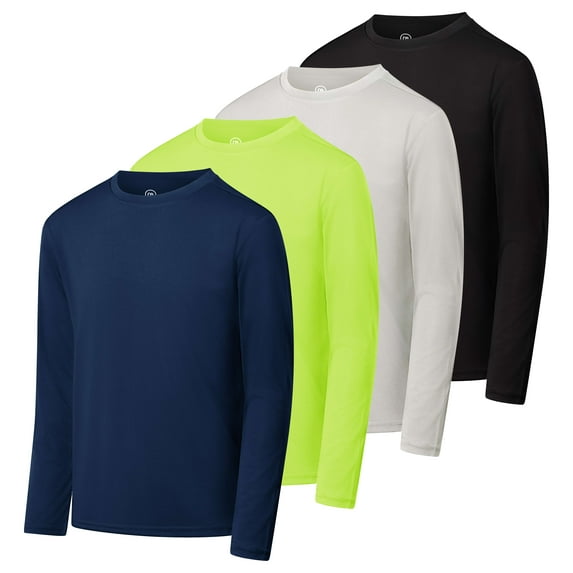 Real Essentials 4 Pack: Boys Youth Dry-Fit Moisture Wicking Active Athletic Performance Long-Sleeve T-Shirt