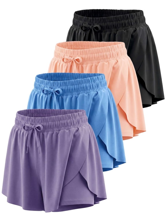 4 Pack Girls' Dry Fit Flowy Butterfly Shorts Skorts Skirt Athletic Teens
