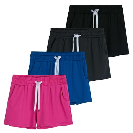 Real Essentials 4 Pack: Girls Athletic Performance Dry-Fit Running Shorts With Drawstring & Pockets