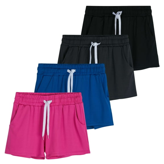 Real Essentials 4 Pack: Girls Athletic Performance Dry-Fit Running Shorts With Drawstring & Pockets
