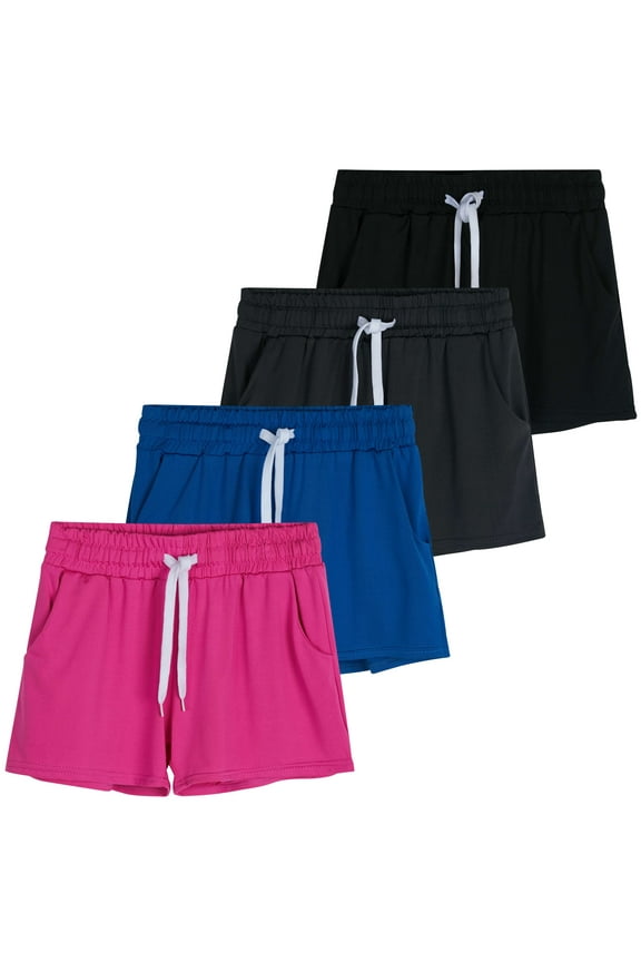 4 Pack: Girls Athletic Performance Dry-Fit Running Shorts With Drawstring & Pockets