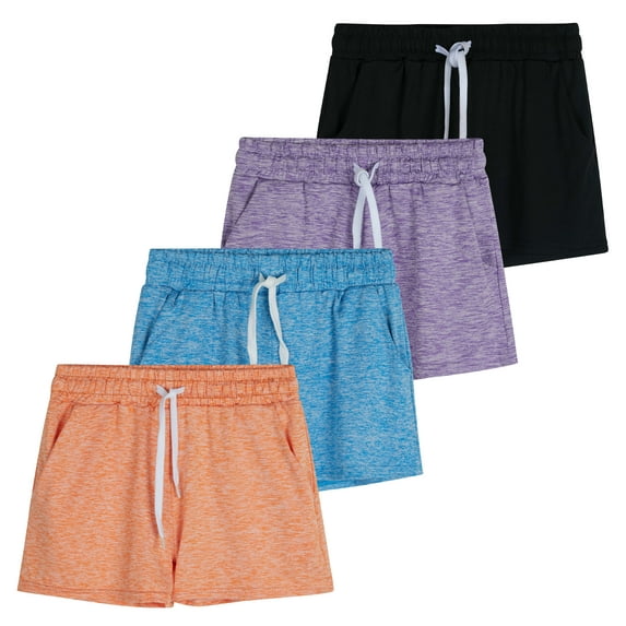 Real Essentials 4 Pack: Girls Athletic Performance Dry-Fit Running Shorts With Drawstring & Pockets