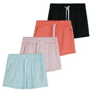 Real Essentials 4 Pack: Girls Athletic Performance Dry-Fit Running Shorts With Drawstring & Pockets