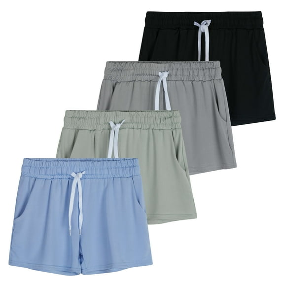 Real Essentials 4 Pack: Girls Athletic Performance Dry-Fit Running Shorts With Drawstring & Pockets