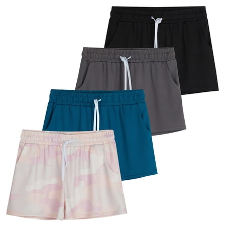 Real Essentials 4 Pack: Girls Athletic Performance Dry-Fit Running Shorts With Drawstring & Pockets
