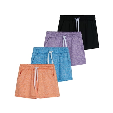 Real Essentials 4 Pack: Girls Athletic Performance Dry-Fit Running Shorts With Drawstring & Pockets