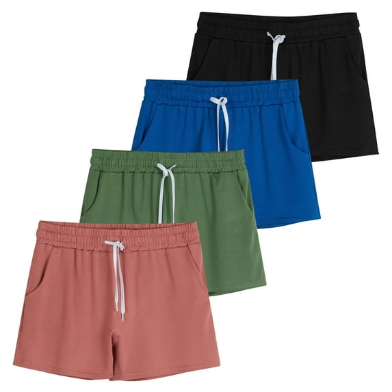 Real Essentials 4 Pack: Girls Athletic Performance Dry-Fit Running Shorts With Drawstring & Pockets