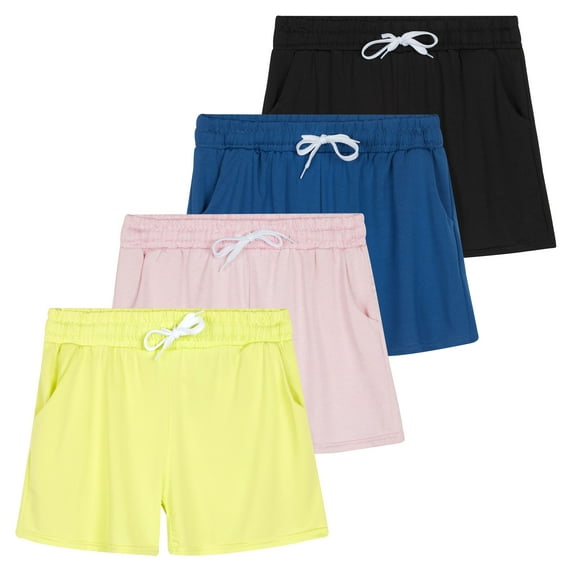 Real Essentials 4 Pack: Girls Athletic Performance Dry-Fit Running Shorts With Drawstring & Pockets