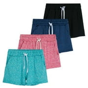 Real Essentials 4 Pack: Girls Athletic Performance Dry-Fit Running Shorts With Drawstring & Pockets