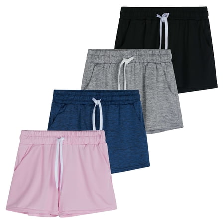 Real Essentials 4 Pack: Girls Athletic Performance Dry-Fit Running Shorts With Drawstring & Pockets