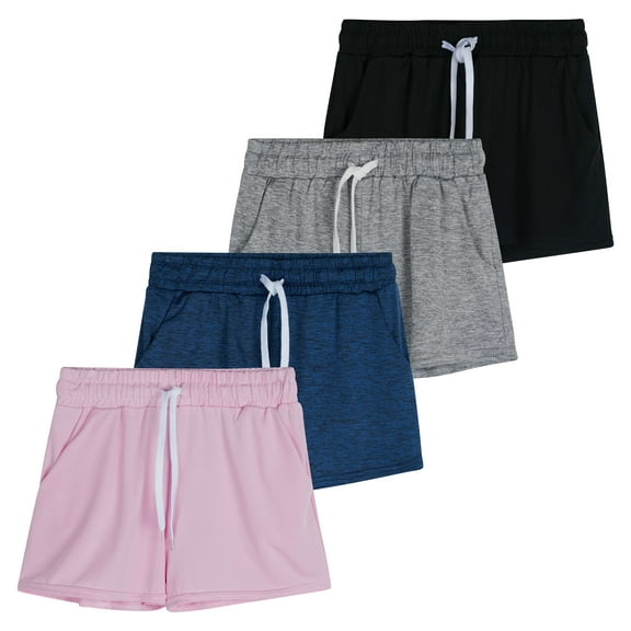 Real Essentials 4 Pack: Girls Athletic Performance Dry-Fit Running Shorts With Drawstring & Pockets