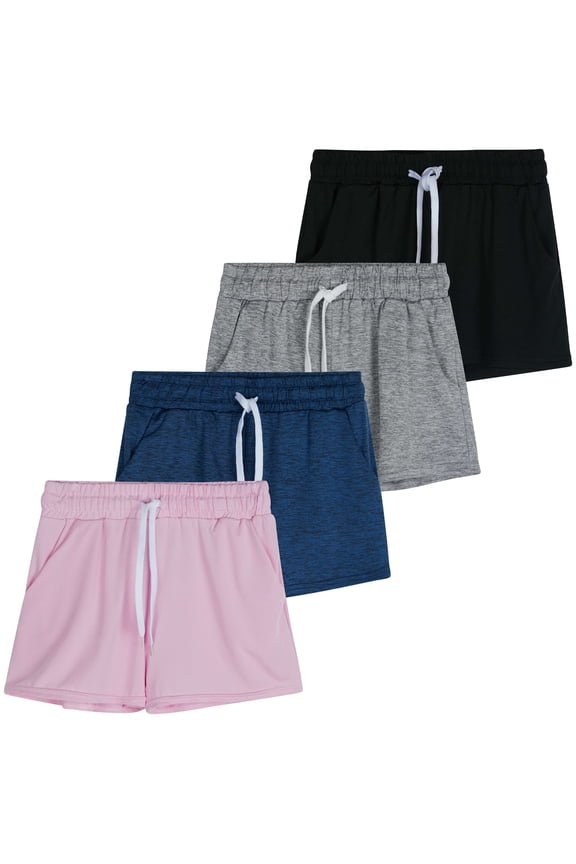 4 Pack: Girls Athletic Performance Dry-Fit Running Shorts With Drawstring & Pockets