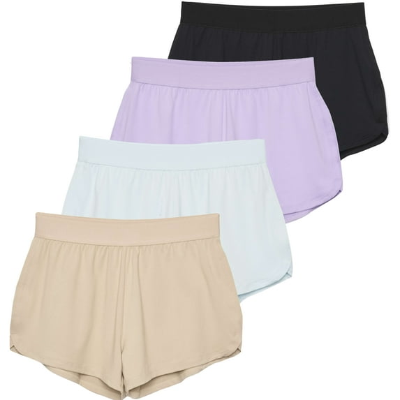 Real Essentials 4 Pack: Girls Athletic Performance Running Shorts with Drawstring & Pockets