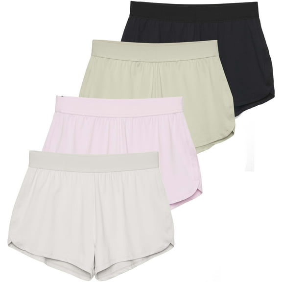 Real Essentials 4 Pack: Girls Athletic Performance Running Shorts with Drawstring & Pockets