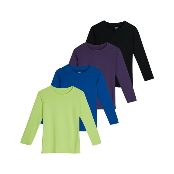 Real Essentials 4 Pack: Girls Dry-Fit Long Sleeve Active Crew Neck T-Shirt - Super Soft Tee
