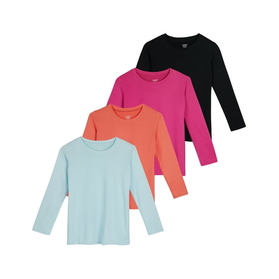 Real Essentials 4 Pack: Girls Dry-Fit Long Sleeve Active Crew Neck T-Shirt - Super Soft Tee