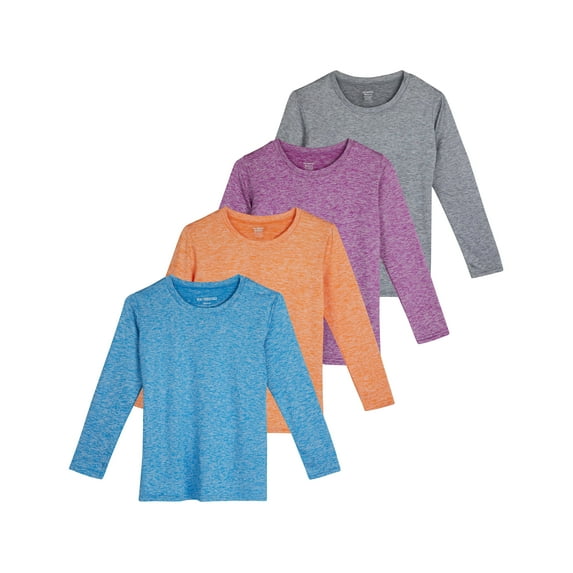 Real Essentials 4 Pack: Girls Dry-Fit Long Sleeve Active Crew Neck T-Shirt - Super Soft Tee