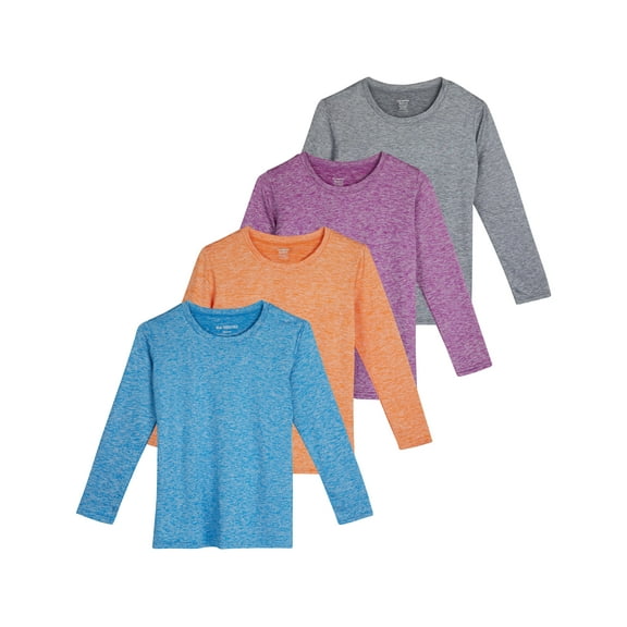 Real Essentials 4 Pack: Girls Dry-Fit Long Sleeve Active Crew Neck T-Shirt - Super Soft Tee