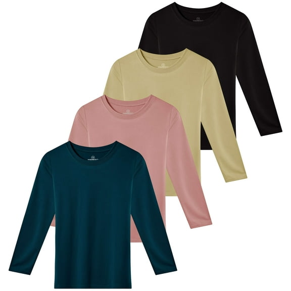 Real Essentials 4 Pack: Girls Dry-Fit Long Sleeve Active Crew Neck T-Shirt - Super Soft Tee