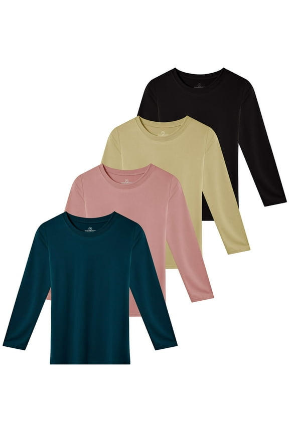 4 Pack: Girls Dry-Fit Long Sleeve Active Crew Neck T-Shirt - Super Soft Tee