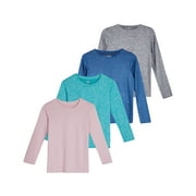 Real Essentials 4 Pack Girls Dry-Fit Long Sleeve Active Crew Neck T-Shirt - Super Soft Tee