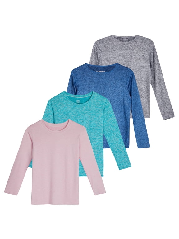 4 Pack: Girls Dry-Fit Long Sleeve Active Crew Neck T-Shirt - Super Soft Tee