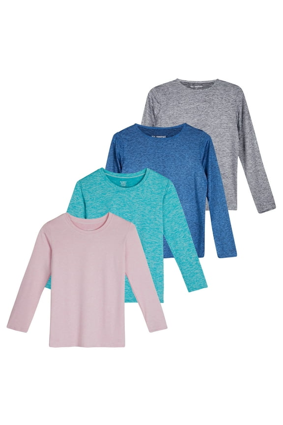 4 Pack: Girls Dry-Fit Long Sleeve Active Crew Neck T-Shirt - Super Soft Tee