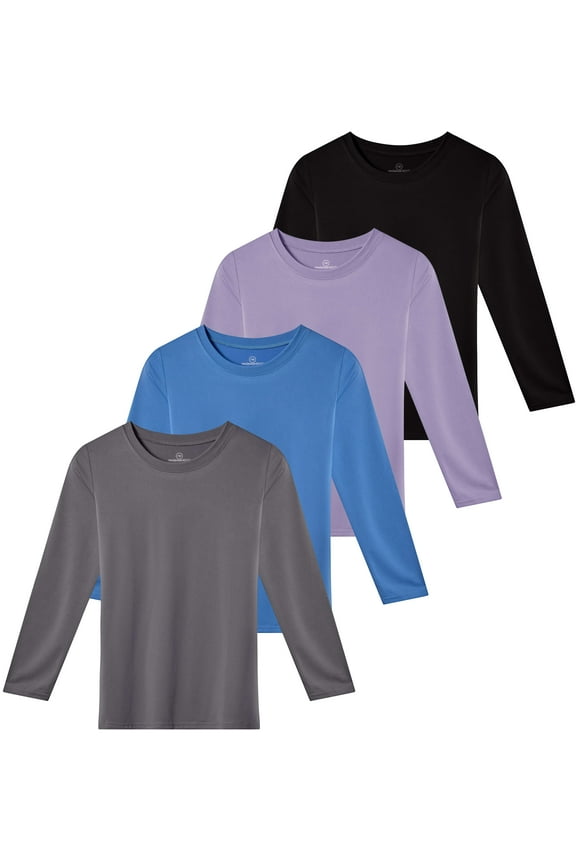 4 Pack: Girls Dry-Fit Long Sleeve Active Crew Neck T-Shirt - Super Soft Tee