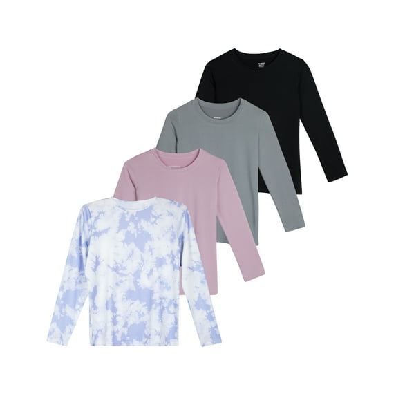 Real Essentials 4 Pack: Girls Dry-Fit Long Sleeve Active Crew Neck T-Shirt - Super Soft Tee