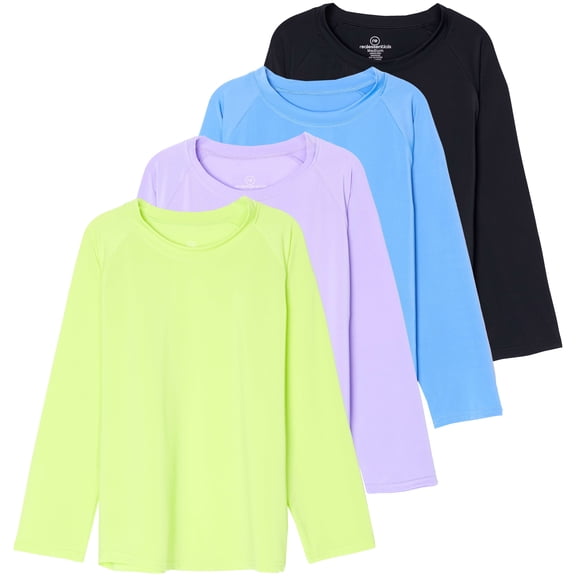Real Essentials 4 Pack: Girls Long Sleeve Rash Guard Shirt - Swimwear UPF Sun Protection Swim Top (Ages 4-16)