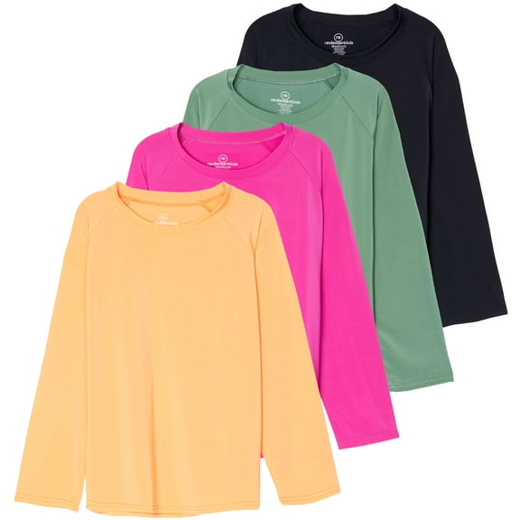 Real Essentials 4 Pack: Girls Long Sleeve Rash Guard Shirt - Swimwear UPF Sun Protection Swim Top (Ages 4-16)