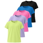 Real Essentials 5 Pack: Girls' Short Sleeve Dry-Fit Athletic T-Shirt - Active Gym Crew Neck Tops for Teens Kids (Ages 4-16)