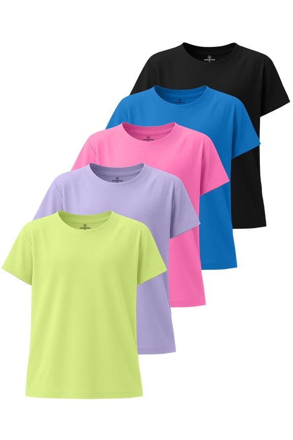 5 Pack: Girls' Short Sleeve Dry-Fit Athletic T-Shirt - Active Gym Crew Neck Tops for Teens Kids (Ages 4-16)