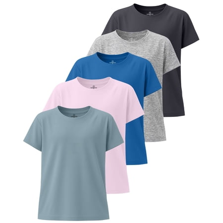 Real Essentials 5 Pack: Girls' Short Sleeve Dry-Fit Athletic T-Shirt - Active Gym Crew Neck Tops for Teens Kids (Ages 4-16)