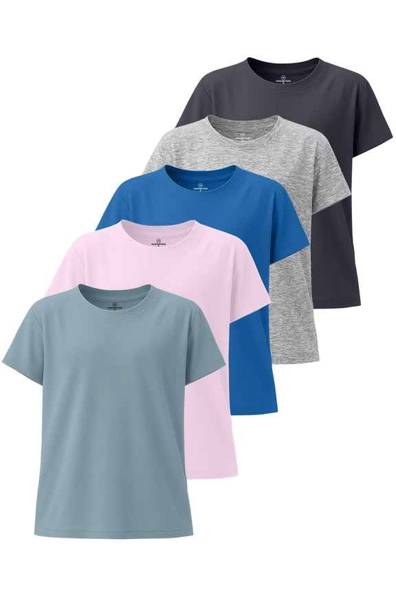 5 Pack: Girls' Short Sleeve Dry-Fit Athletic T-Shirt - Active Gym Crew Neck Tops for Teens Kids (Ages 4-16)