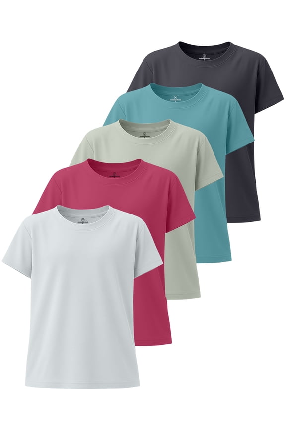 5 Pack: Girls' Short Sleeve Dry-Fit Athletic T-Shirt - Active Gym Crew Neck Tops for Teens Kids (Ages 4-16)