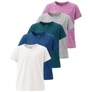 Real Essentials 5 Pack: Girls' Short Sleeve Dry-Fit Athletic T-Shirt - Active Gym Crew Neck Tops for Teens Kids (Ages 4-16)