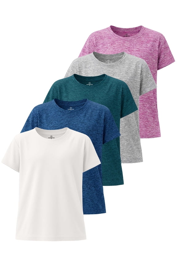 5 Pack: Girls' Short Sleeve Dry-Fit Athletic T-Shirt - Active Gym Crew Neck Tops for Teens Kids (Ages 4-16)