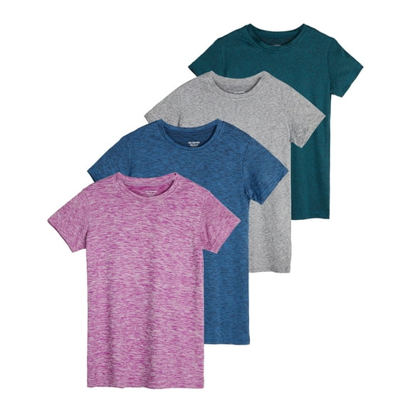 Real Essentials 4 Pack: Girls Short Sleeve Dry-Fit Crew Neck Active Athletic Performance T-Shirt