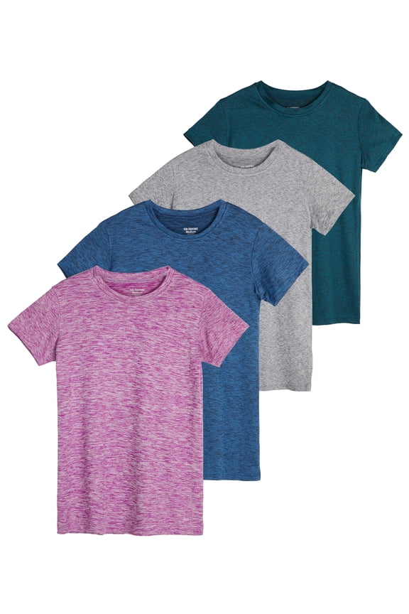 4 Pack: Girls Short Sleeve Dry-Fit Crew Neck Active Athletic Performance T-Shirt