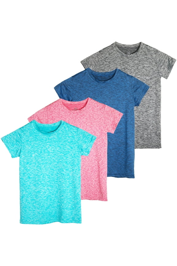 4 Pack: Girls Short Sleeve Dry-Fit Crew Neck Active Athletic Performance T-Shirt