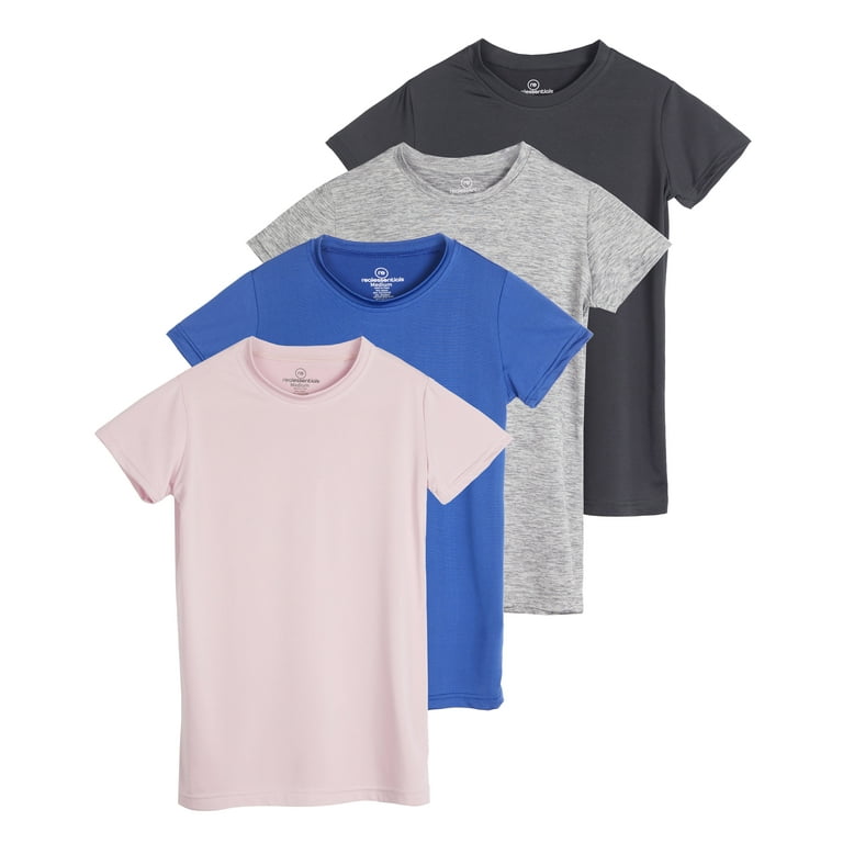 Real Essentials 4 Pack: Girls Short Sleeve Dry-Fit Crew Neck Active  Athletic Performance T-Shirt 